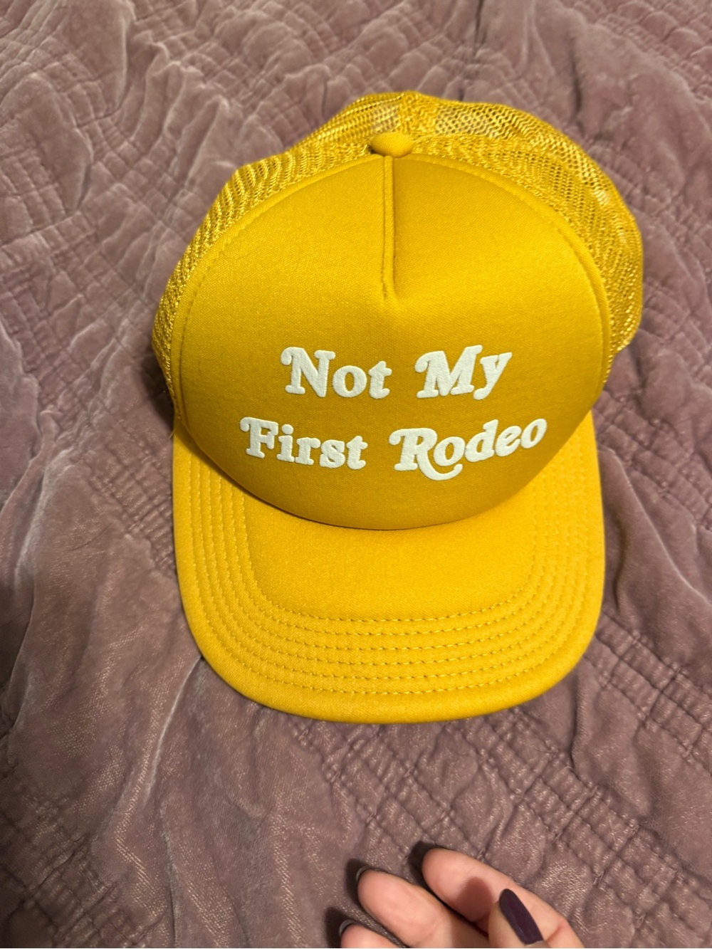 Source Unknown Yellow 'Not My First Rodeo' Trucker Hat